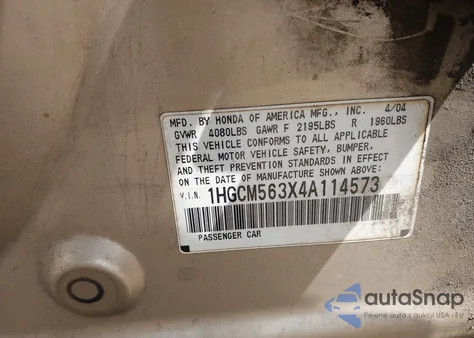 2004 Honda Accord 2.4 Lx from USA, damaged, VIN 1HGCM563X4A114573